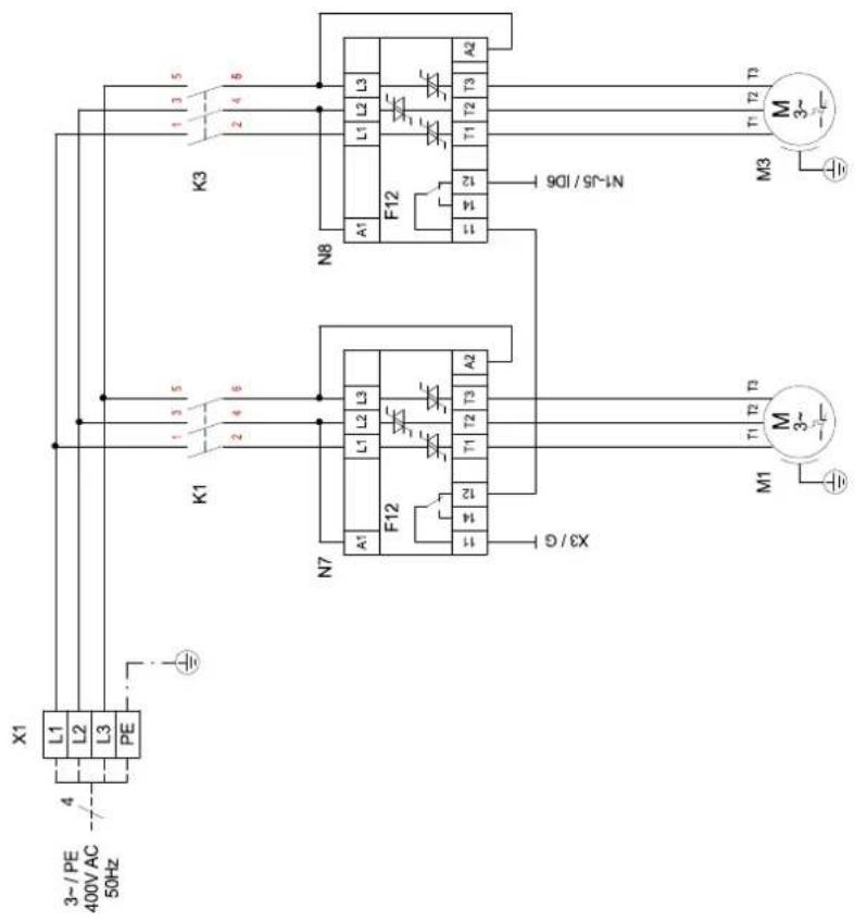X1 L1 L2 L3 PE 4 3-/PE 400V/AC 50Hz K3 N8 K1 N7 F12 L1 L2 L3 T3 T2 T1 T2 T3 T1 T2 T3 9QI / SI~IN M3 M3~ T1 T2 T3 T1 T2 T3 T1 T2 T3 M1 M1~ G/EX