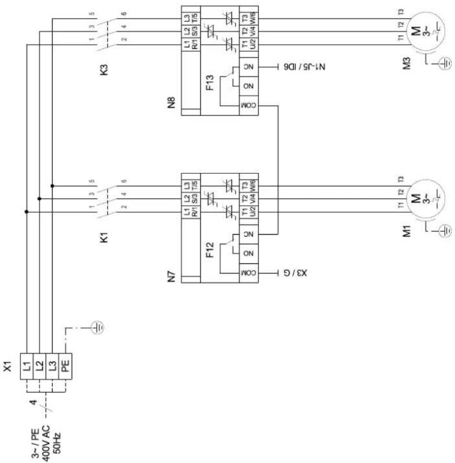 X1 L1 L2 L3 PE 4 3-/PE 400V AC 50Hz K1 K3 N8 F13 L1 R1 S3 T5 L2 U2 V4 W6 T1 T2 T3 NO N-Us/ID6 T1 T2 T3 M3 M3~ M1 N7 F12 L1 R1 S3 T5 L2 U2 V4 W6 T1 U2 T3 NO N-Us/ID6 T1 T2 T3 X3/C