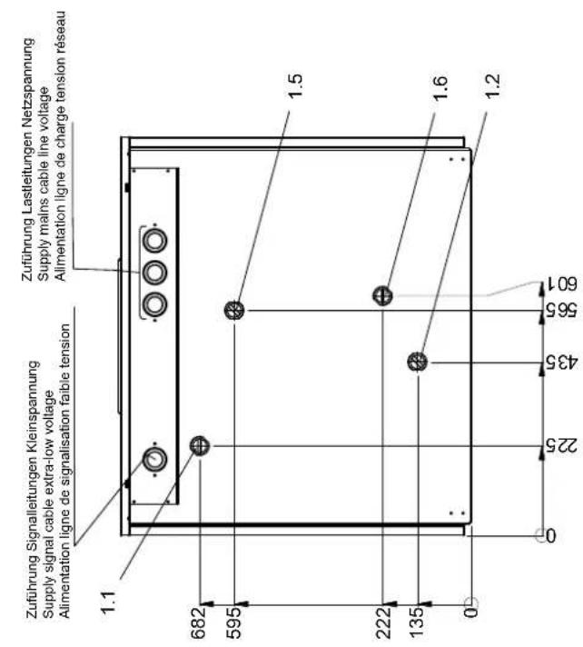 Zuführung Signalleitungen Kleinspannung Supply signal cable extra-low voltage Alimentation ligne de signalisation faible tension 1.1 682 595 222 135 0 0 225 435 565 601 Zuführung Lastleitungen Netzspannung Supply mains cable line voltage Alimentation ligne de charge tension réseau 1.5 1.6 1.2