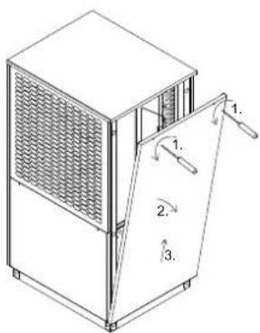 Technical diagram of a cabinet with labeled components and directional arrows indicating assembly or movement.