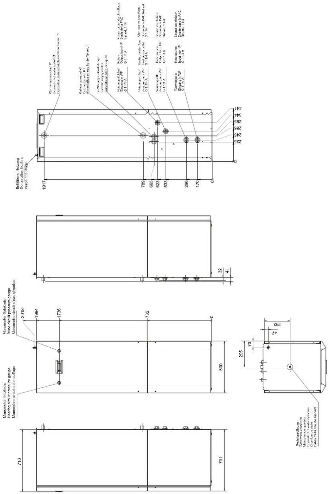 710 Manometer Holzkrois Heating circuit pressure gauge Manomètre circuit de chauffage 2018 1994 1736 732 0 590 32 41 701 Revisionsöffnung Warmemassoverpelcher Maintenance piping Domestic hot water cylinders Chambre de visite Baton d'eau chaude sanitaise Manometer Solokrois Brine circuit pressure gauge Manomètre circuit d'eau glycolée Entlüftung Heizung De-aeration heating Purge chauffage Warmemassverkauf R1 Domestic hot water outlet R1 Evaporation d'eau chaude sanitaire file ext. 1 Kathwasserlauf R1 Cold water inlet R1 Aimentation en eau finide file ext. 1 Zuführung Elektrolatungen Electric supply cables Aimentation files électriques Heizungspicklauf Eingang in WP G 1 1/4 A Return Output from HP G 1 1/4 A Retour circuit de chauffage Serie de la PAC file ext. 1 1/4 Heizungsvorlauf Ausgang aus WP G 1 1/4 A Heating water flow Heat pump outlet G 1 1/4 A Alter eau no chauffage Serie de la PAC file ext. G 1 1/4 Warmequelle Ausgang aus WP G 1 1/4 A Heat source Output from HP G 1 1/4 A Source de chaleur Serie de la PAC file ext. 1 1/4 Warmequelle Eingang in WP G 1 1/4 A Heat source Input into HP G 1 1/4 A Source de chaleur Entrées dans la PAC file ext. 1 1/4 295 70 47 293