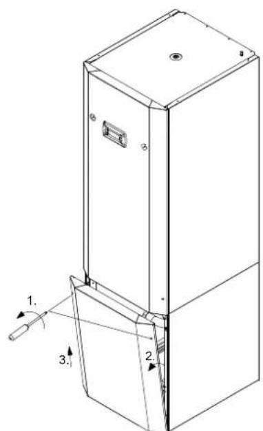 Technical diagram of a refrigerator with labeled parts and directional arrows indicating components