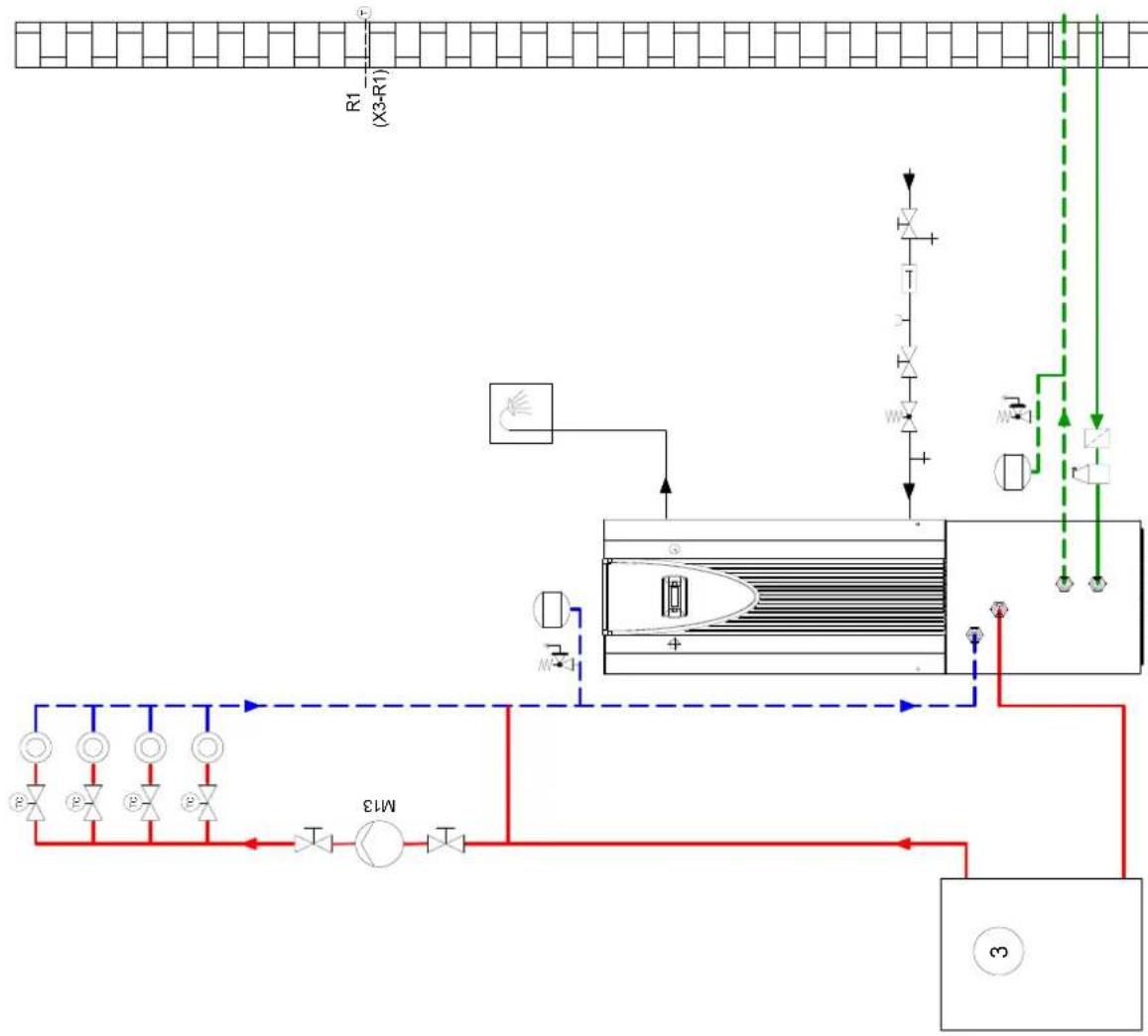 DIMPLEX SIW 11TES - Einbindungsschema für einen Heizkreis Reihen-Pufferspeicher und Warmwasserbereitung / Integration diagram for one heating circuit with buffer tank connected in series and DHW preparation / Schéma d'intégration d'un ballon tampon série d'un circuit de chauffage et production d'eau chaude sanitaire - 1