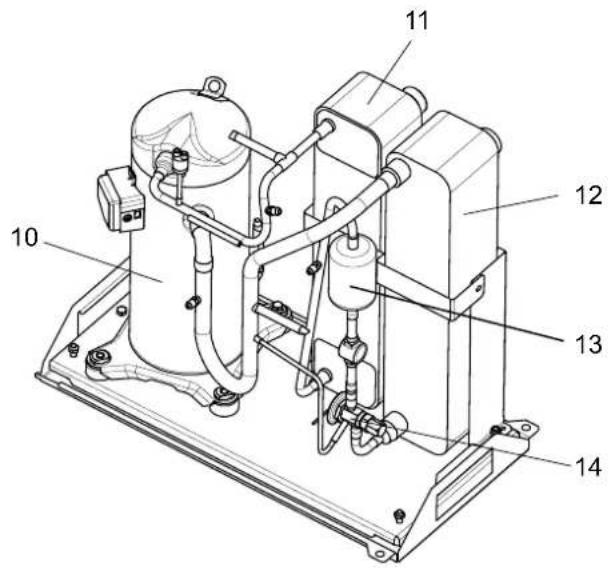 Technical diagram of an industrial equipment system with numbered components labeled 10 to 14