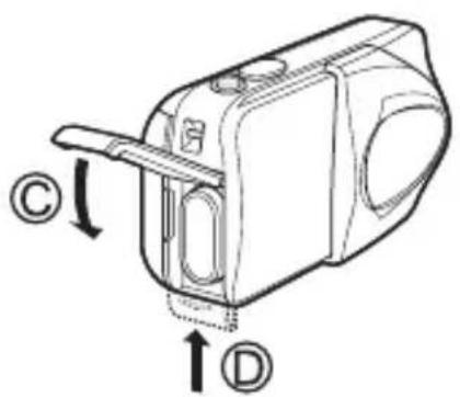 Technical diagram of a device with labeled parts C and D, showing directional arrows indicating movement or assembly.