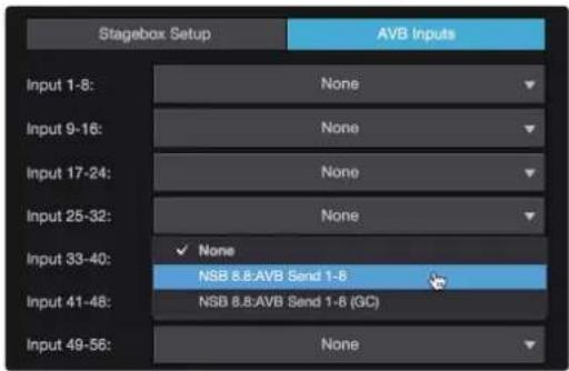 Stagebox Setup AVB Inputs Input 1-8: None Input 9-16: None Input 17-24: None Input 25-32: None Input 33-40: ✓ None Input 41-48: NSB 8.8:AVB Send 1-8 (GC) Input 49-56: None