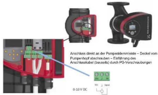 Anschluss direkt an der Pumpenklemmleiste – Deckel vom Pumpenhofp abschrauben – Einführung des Anschlusskabel (bauselts) durch PG-Verschraubungen 0-10 V DC