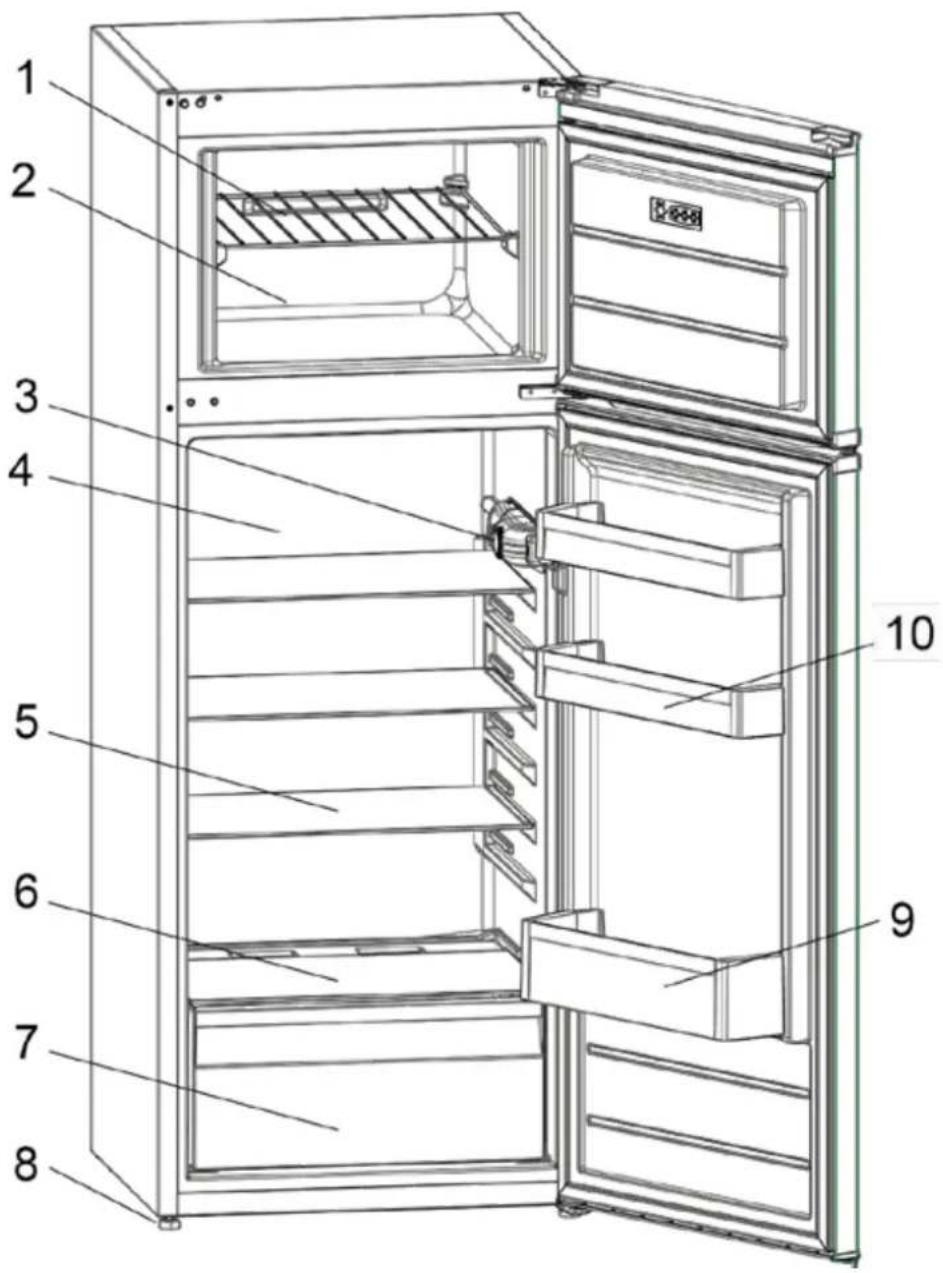Technical diagram of a refrigerator with numbered parts for identification