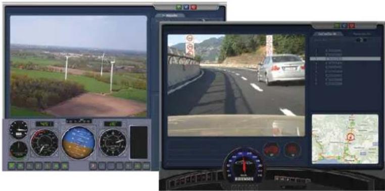 Two industrial navigation screens displaying wind turbines on rural roads with driver's car and navigation controls.
