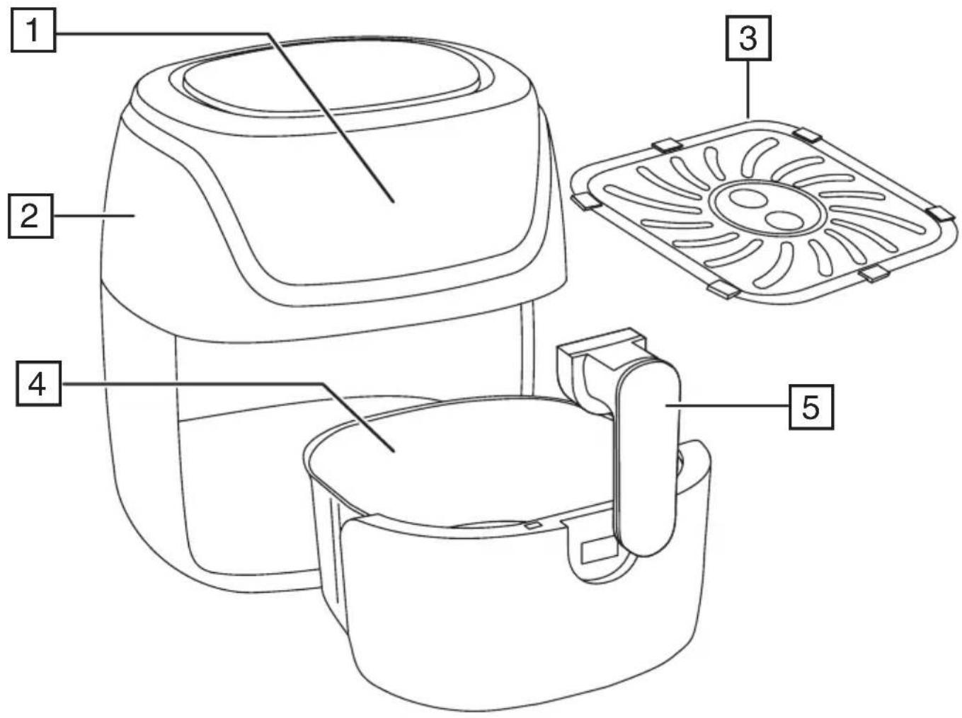 Technical diagram of a cooking fan with labeled parts including air fryer, fan blade, and water heater