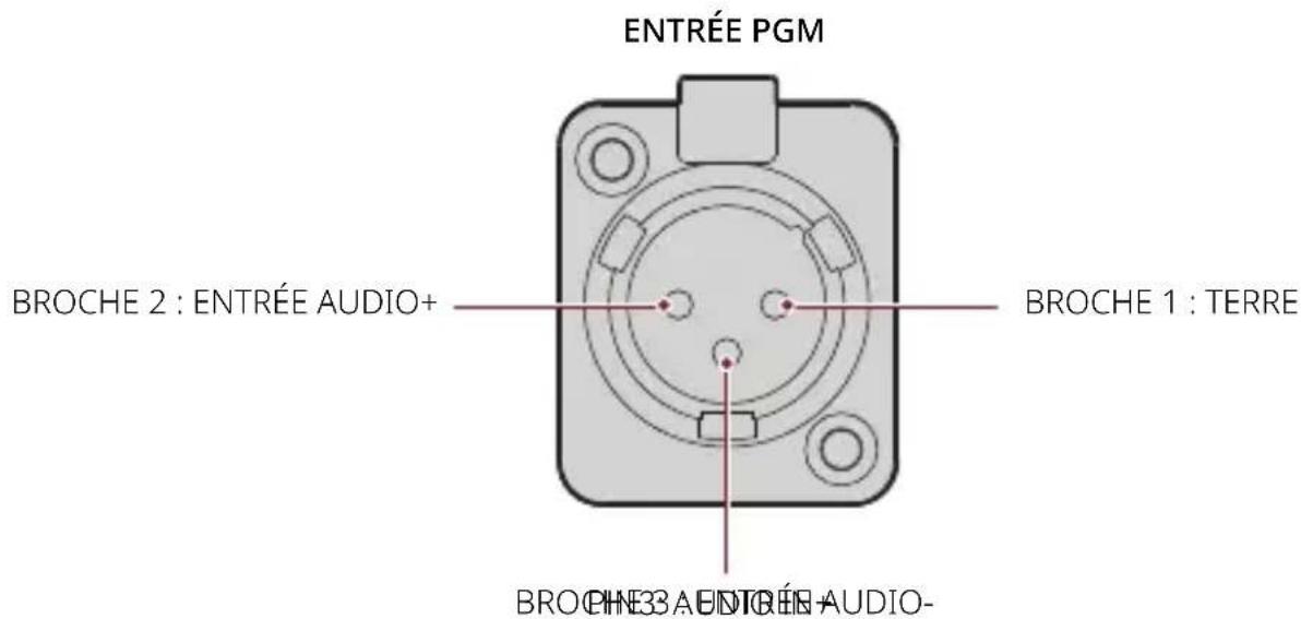 ENTRÉE PGM BROCHE 2 : ENTRÉE AUDIO+ BROCHE 1 : TERRE BROCHE3 AUDIO-