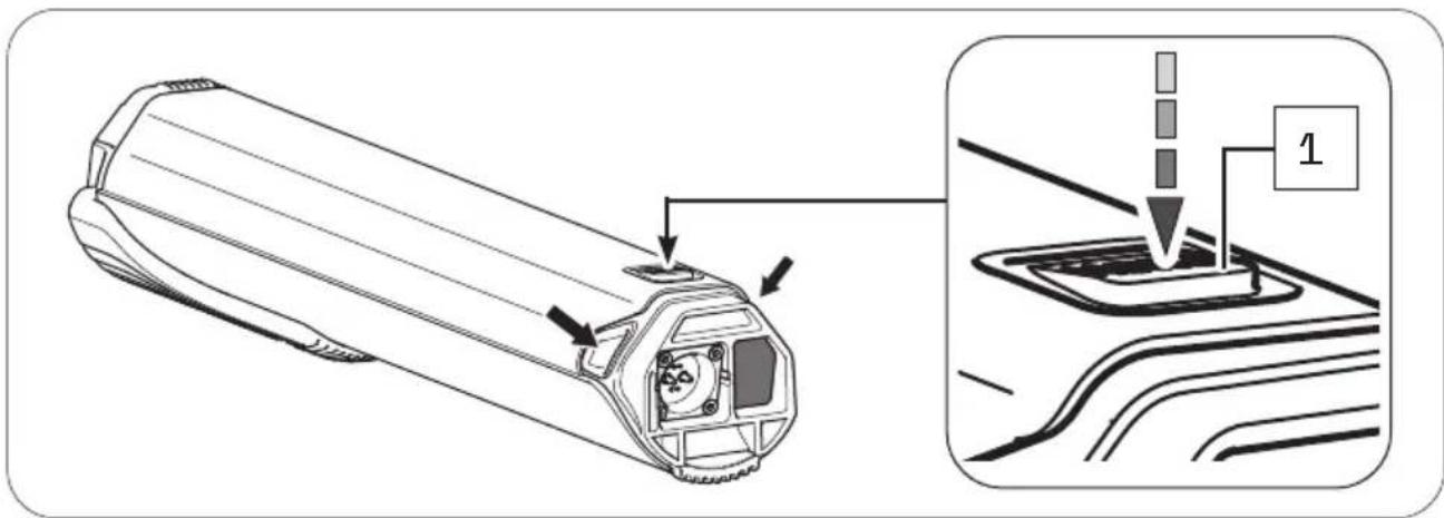 Technical diagram showing a cylindrical device with internal components and a zoomed-in view highlighting a component labeled '1'.