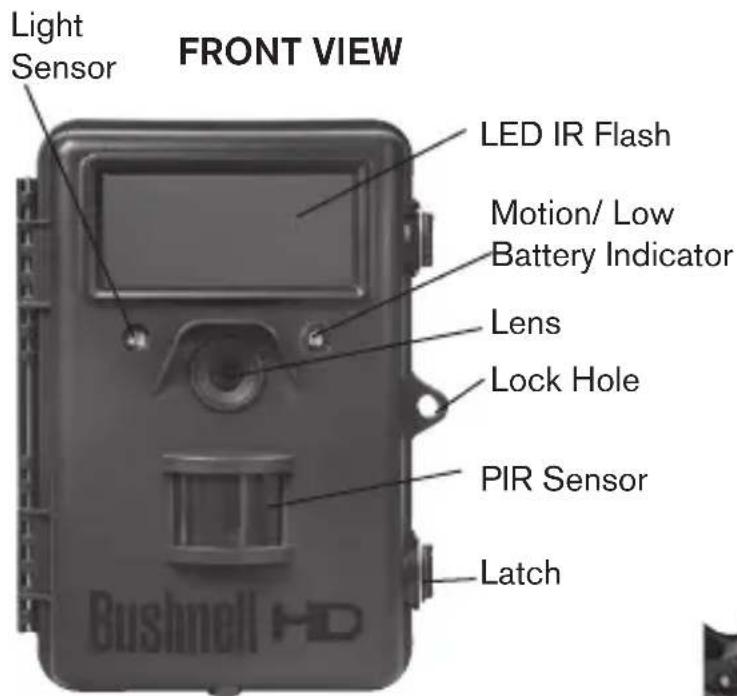 FRONT VIEW Light Sensor LED IR Flash Motion/ Low Battery Indicator Lens Lock Hole PIR Sensor Latch Bushnell HD