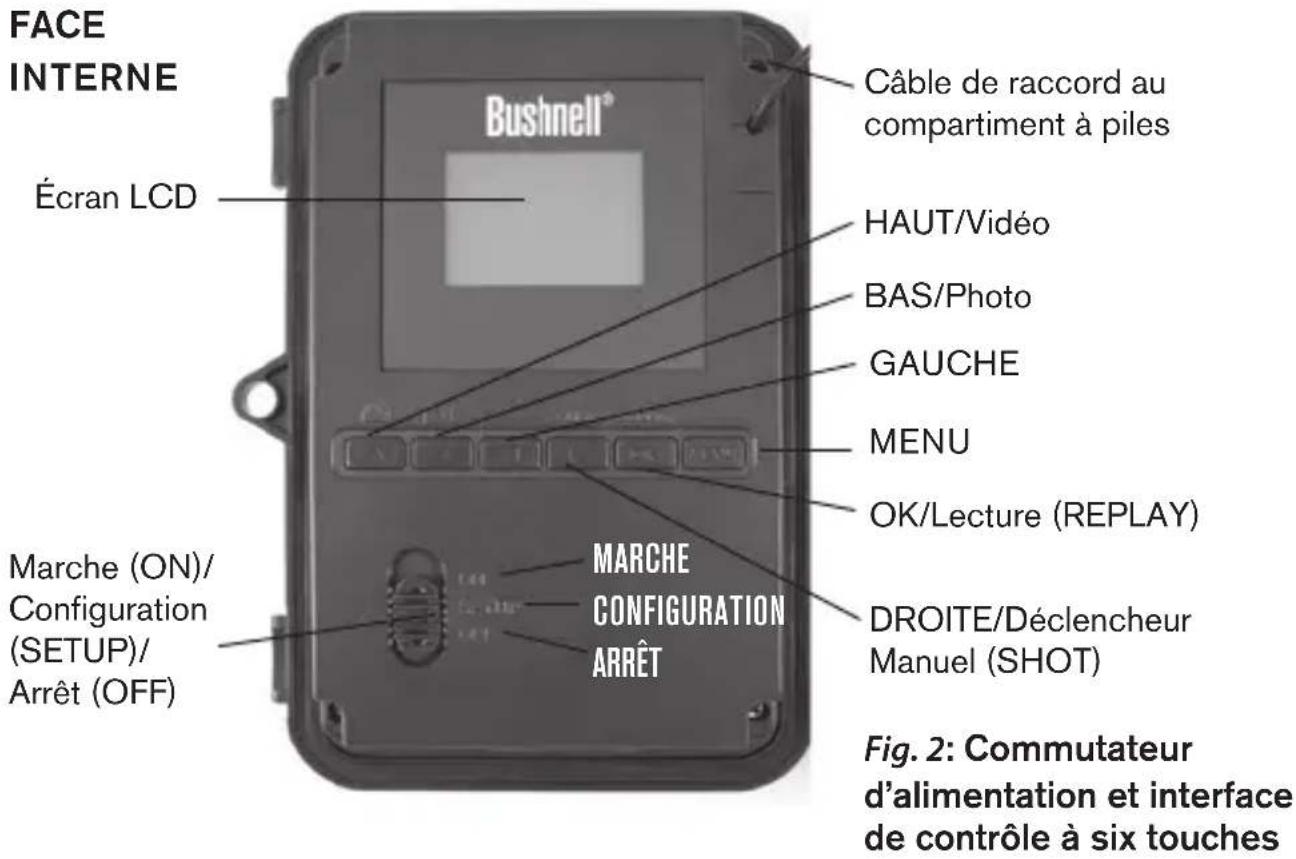 FACE INTERNE Écran LCD Bushnell® Câble de raccord au compartment à piles HAUT/Video BAS/Photo GAUCHE MENU OK/Lecture (REPLAY) MARCHE CONFIGURATION ARRÊT Marche (ON)/ Configuration (SETUP)/ Arrêt (OFF) DROITE/Déclencheur Manuel (SHOT) Figure 2: Commutateur d'alimentation et interface de contrôle à six touches