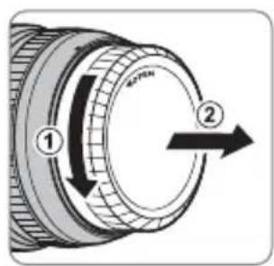 Diagram of a mechanical component with numbered parts and directional arrows indicating motion or rotation.