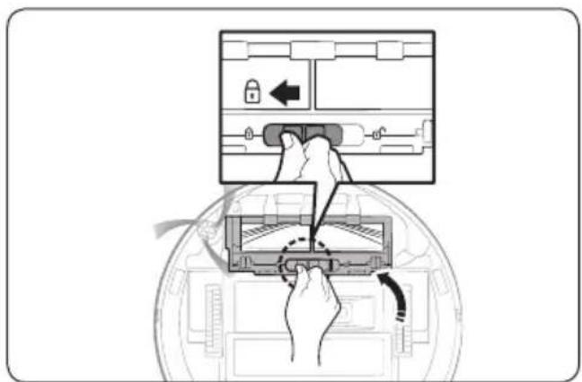 Diagram showing a hand operating a device with a lock and directional arrows, likely illustrating a mechanical or electrical process.