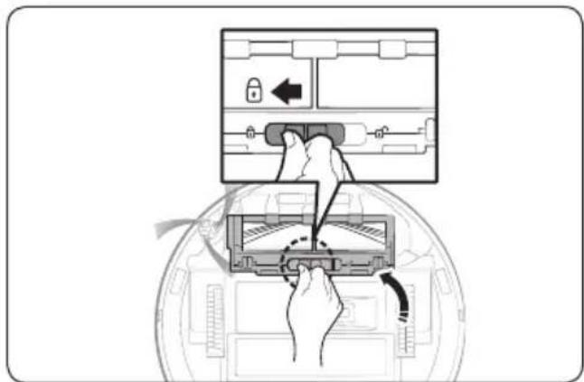 Diagram showing a hand inserting a device into a device with a lock and directional arrows indicating action or movement.