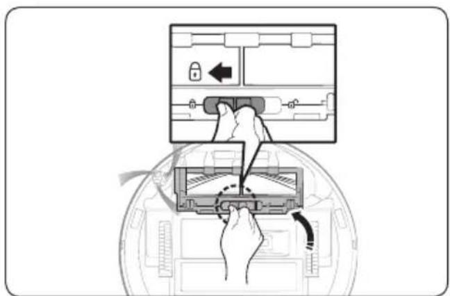 Diagram showing a hand inserting a device into a device with labeled buttons and directional arrows indicating action or movement.