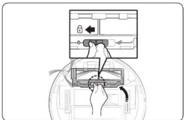 Diagram showing a hand inserting a device into a device with labeled buttons and directional arrows indicating process flow.
