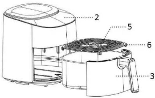 Technical diagram of an air fryer with numbered parts labeled 2, 3, 5, and 6