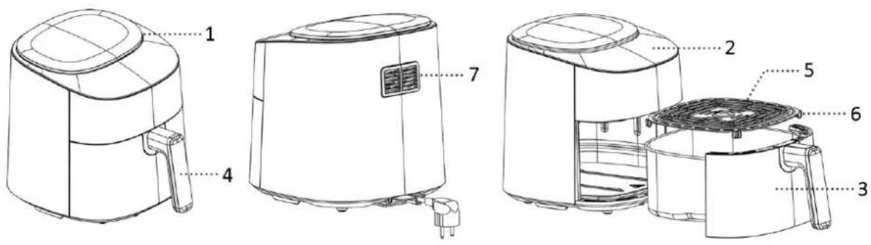 Technical diagram of an air fryer with numbered parts for identification and assembly reference.