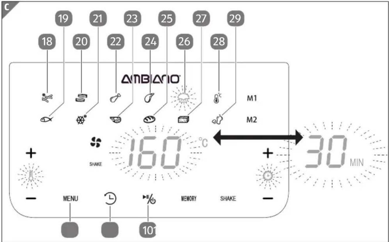 Ambiano GT-AF-08-CH - Non utilizzare la funzione avvio ritardato 12 se si desidera preparare alimenti facilmente depe- rne o pesce). - 2