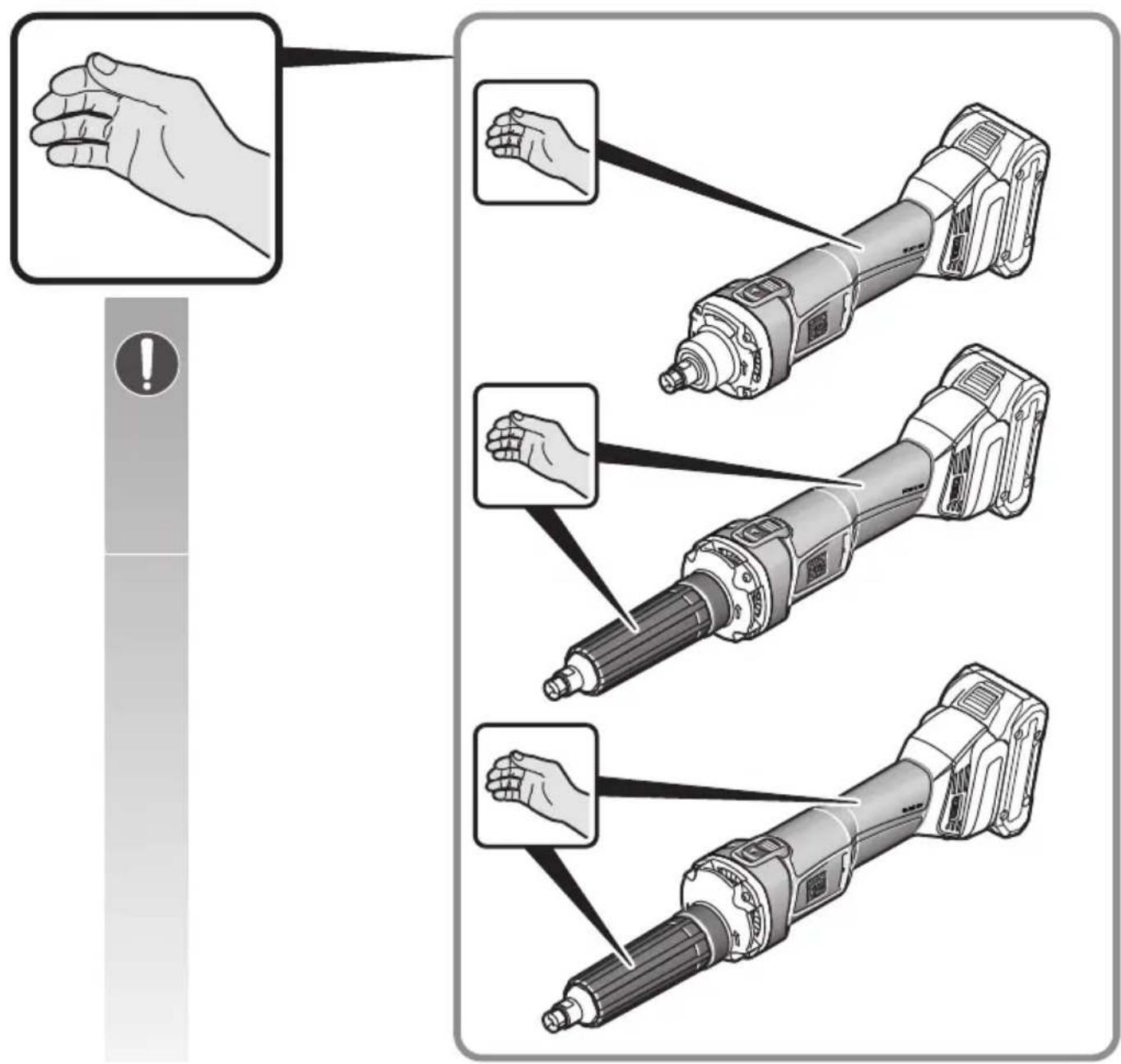 Diagram illustrating a hand tool application process with labeled steps and warning indicators