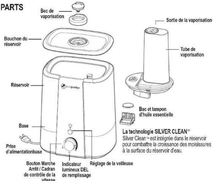 PARTS Bec de vaporisation Sortie de la vaporisation Tube de vaporisation Bouchon du réservoir Réservoir Base Prise d'alimentationbuse Bouton Marche Arrêt / Cadran de contrôle de la vitesse Indicateur lumineux DEL de remplissage Réglage de la veilleuse Bac et tampon d'huile essentielle La technologie SILVER CLEAN™ Silver Clean™ est intégrée dans le réservoir pour combattre la croissance des moisissures à la surface du réservoir d'eau.
