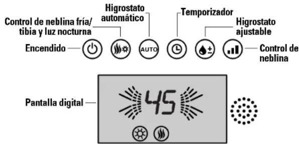Control de neblina fría/ tibia y luz nocturna Encendido Higrostato automático AUTO Temporizador Higrostato ajustable Control de neblina Pantalla digital 45