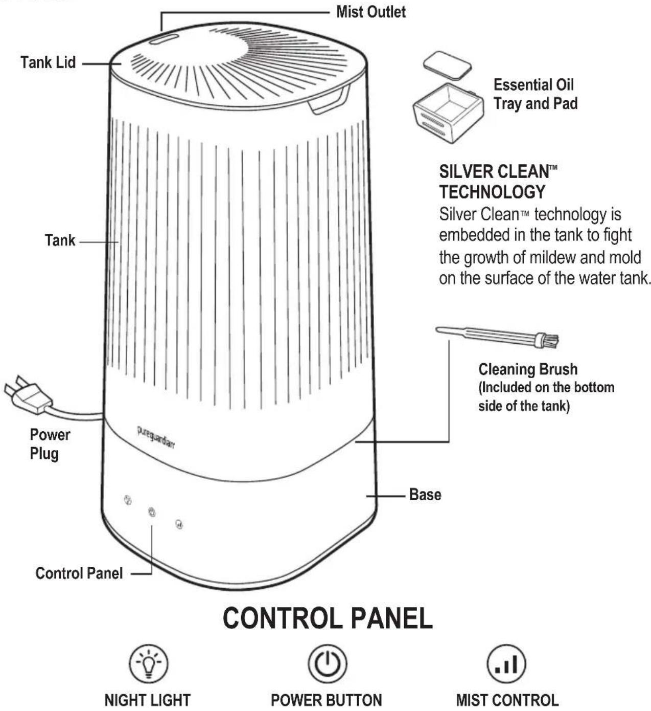 Mist Outlet Tank Lid Tank Essential Oil Tray and Pad SILVER CLEAN™ TECHNOLOGY Silver Clean™ technology is embedded in the tank to fight the growth of mildew and mold on the surface of the water tank. Tank Cleaning Brush (Included on the bottom side of the tank) Power Plug pureguardian Base Control Panel NIGHT LIGHT POWER BUTTON MIST CONTROL