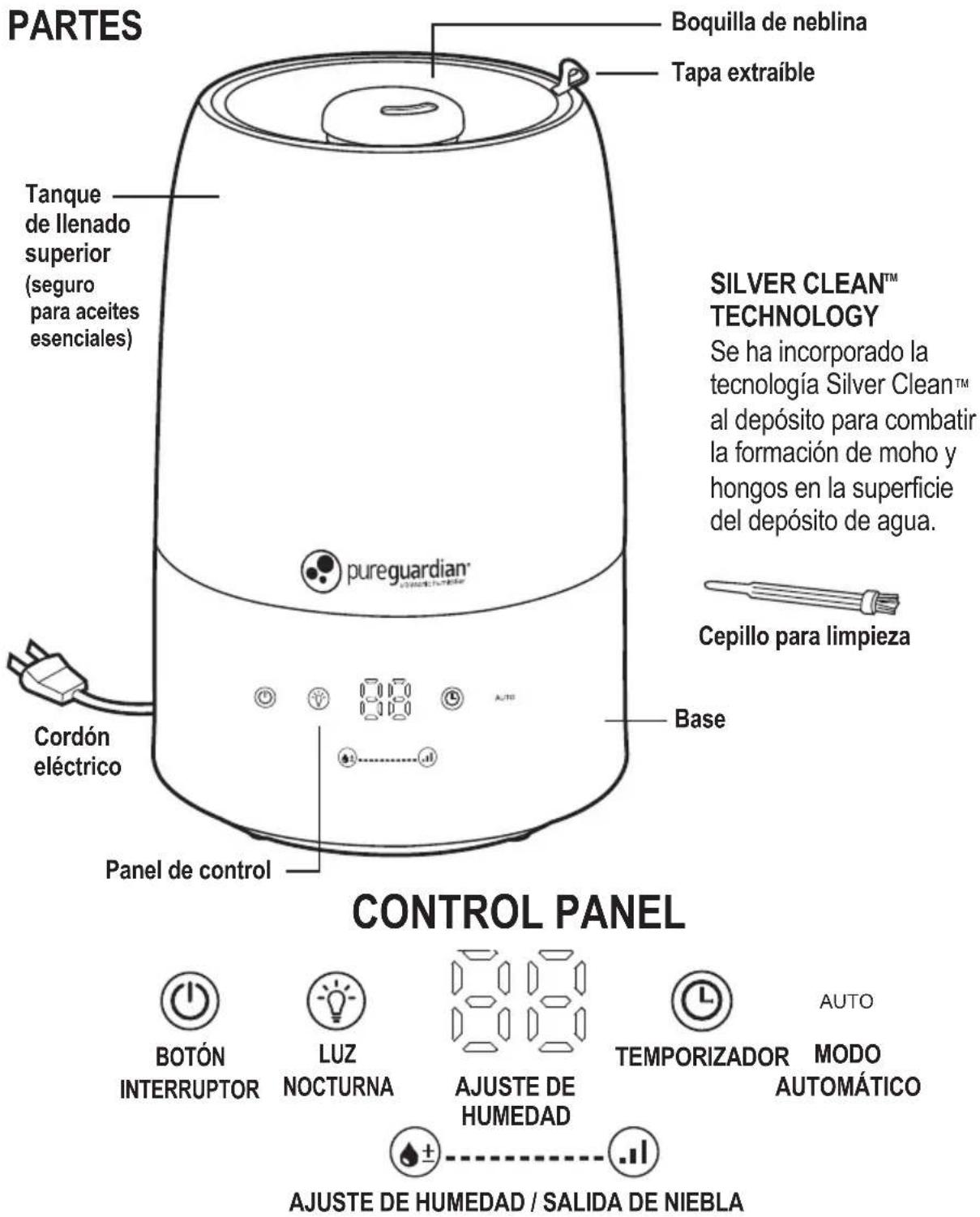 PARTES Boquilla de neblina Tapa extraíble Tanque de llenado superior (seguro para aceites esenciales) SILVER CLEAN™ TECHNOLOGY Se ha incorporado la tecnología Silver Clean™ al depósito para combatir la formación de moho y hongos en la superficie del depósito de agua. Cepillo para limpieza pureguardian® Base Cordón eléctrico Panel de control CONTROL PANEL AUTO BOTÓN INTERRUPTOR LUZ NOCTURNA AJUSTE DE HUMEDAD TEMPORIZADOR MODO AUTOMÁTICO AJUSTE DE HUMEDAD / SALIDA DE NIEBLA