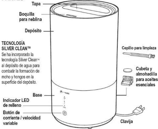 Tapa Boquilla para neblina Depósito TECNOLOGÍA SILVER CLEAN™ Se ha incorporado la tecnología Silver Clean™ al depósito de agua para combatir la formación de moho y hongos en la superficie del depósito. Base Indicador LED de relleno Botón de corriente / velocidad variable Cepillo para limpieza Cubeta y almohadilla para aceites esenciales Clavija