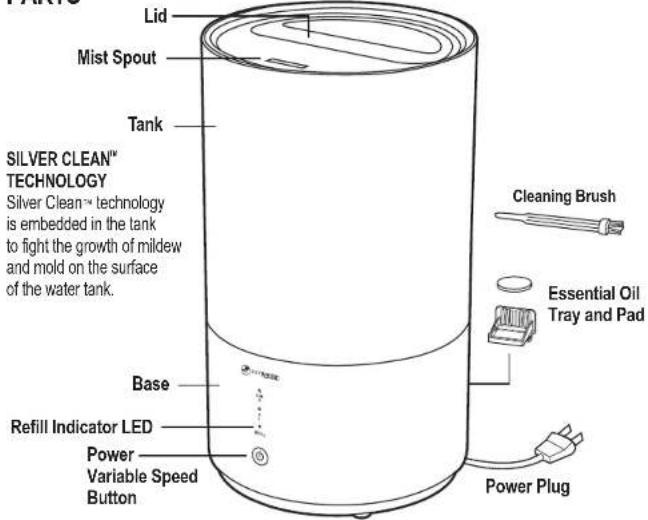 Lid Mist Spout Tank SILVER CLEAN™ TECHNOLOGY Silver Clean™ technology is embedded in the tank to fight the growth of mildew and mold on the surface of the water tank. Base Refill Indicator LED Power Variable Speed Button Cleaning Brush Essential Oil Tray and Pad Power Plug