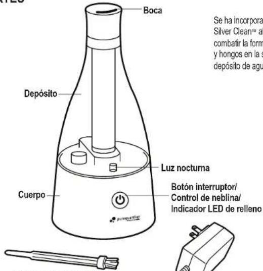 Boca Depósito Cuerpo Luz nocturna Botón interruptor/ Control de neblina/ Indicador LED de relleno Se ha incorpora Silver Clean™ al combatir la form y hongos en la s depósito de agu