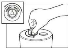 Diagram showing a hand pressing a button into a container with a circular gauge label above it