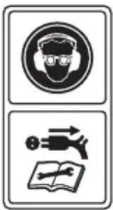 Two safety symbols: a circular icon with a person wearing glasses and a cross symbol with an arrow, and an open book with a broken line.