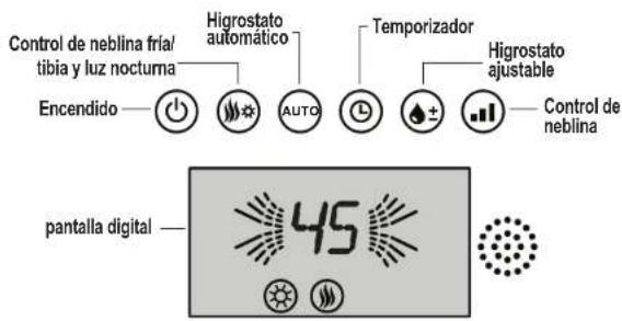 Control de neblina fría/ tibia y luz nocturna Encendido Higrostato automático AUTO Temporizador Higrostato ajustable Control de neblina pantalla digital 45