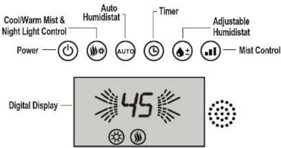 Cool/Warm Mist & Night Light Control Power — Power — Auto Humidistat Auto Timer Adjustable Humidistat Mist Control Digital Display — 45