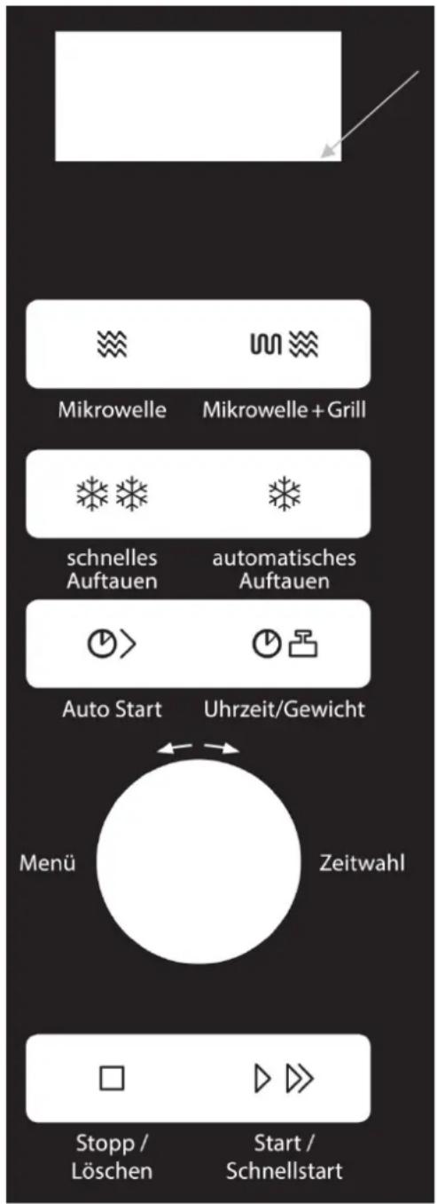 Mikrowelle Mikrowelle + Grill schnelles Auftauen automatisches Auftauen Auto Start Uhrzeit/Gewicht Menü Zeitwahl Stopp / Löschen Start / Schnellstart
