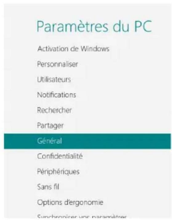 Paramètres du PC Activation de Windows Personnaliser Utilisateurs Notifications Rechercher Partager Général Confidentialité Périphériques Sans fil Options d'ergonomie Synchroniser uns paramètres