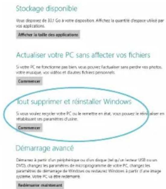 Stockage disponible Vous disposez de 30.1 Go à votre disposition. Affchez la quantité d'espace utilisé par vos applications. Afficher la taille des applications. Actualiser votre PC sans affecter vos fichiers Si votre PC ne fonctionne pas bien, vous pouvez l'actualiser sans perdre vos photos, votre musique, vos vidéos et di autres fichiers personnels. Commencer lout supprimer et réinstaller Windows Si vous voulez recycler votre PC ou le remettre en état, vous pouvez le réinstaller en rétablissant ses paramètres d'usine. Commencer Démarrage avancé Démarrez à partir d'un périphénique ou d'un disque (tel qu'un lecteur USB ou un DVD), changez les paramètres de microprogramme de votre PC, changez les paramètres de démarrage de Windows ou restaure Windows à partir d'une image système. Votre PC va être redémarré. Redémarrer maintenant