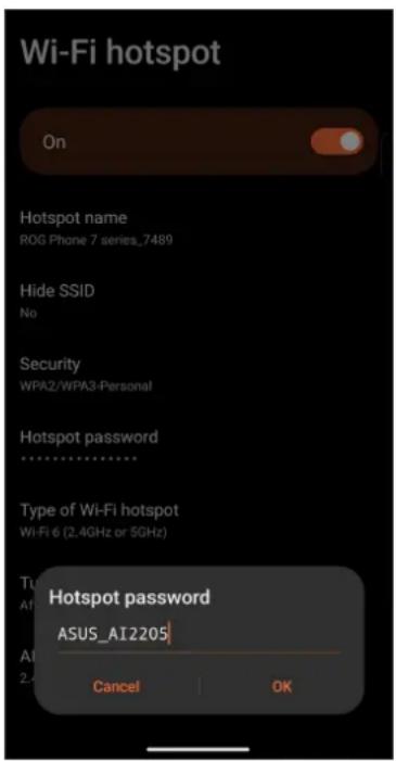 ASUS ROG Phone 7 Ultimate - Appuyez sur Point d'accès WiFi> Nom du point d'accès pour attribuer un SSID ou un nom de réseau unique, puis appuyez sur Mot de passe du point d'accès pour attribuer un mot de passe fort de 8 caractères à votre point d'accès WiFi. Une fois terminé, appuyez sur OK. - 2