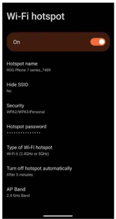 ASUS ROG Phone 7 Ultimate - Appuyez sur Point d'accès WiFi> Nom du point d'accès pour attribuer un SSID ou un nom de réseau unique, puis appuyez sur Mot de passe du point d'accès pour attribuer un mot de passe fort de 8 caractères à votre point d'accès WiFi. Une fois terminé, appuyez sur OK. - 1
