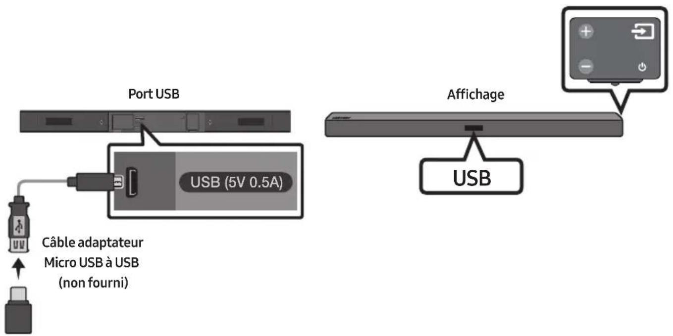 Port USB USB (5V 0.5A) Câble adaptateur Micro USB à USB (non fourni) Affichage USB