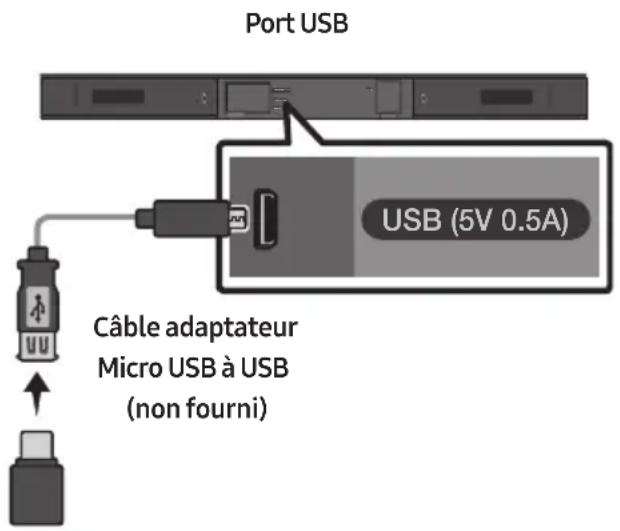 Port USB USB (5V 0.5A) Câble adaptateur Micro USB à USB (non fourni)