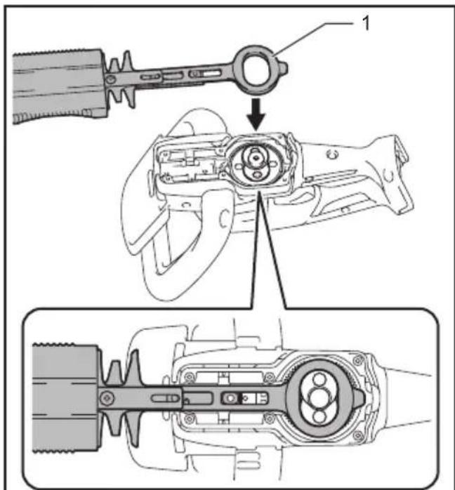 Technical diagram showing mechanical assembly with labeled parts and directional arrows indicating assembly steps