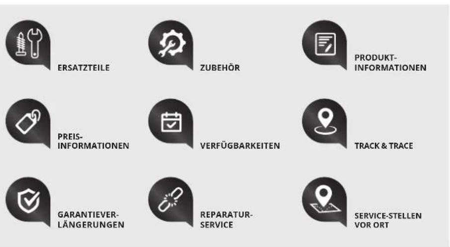 ERSATZTEILE ZUBEHÖR PRODUKT-INFORMATIONEN PREIS-INFORMATIONEN VERFÜGBARKEITEN TRACK & TRACE GARANTIEVER-LÄNGERUNGEN REPARATUR-SERVICE SERVICE-STELLEN VOR ORT