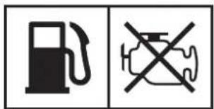 Two safety symbols: a fuel pump icon and a vehicle with a crossed-out valve, commonly used to indicate pollution or hazard.