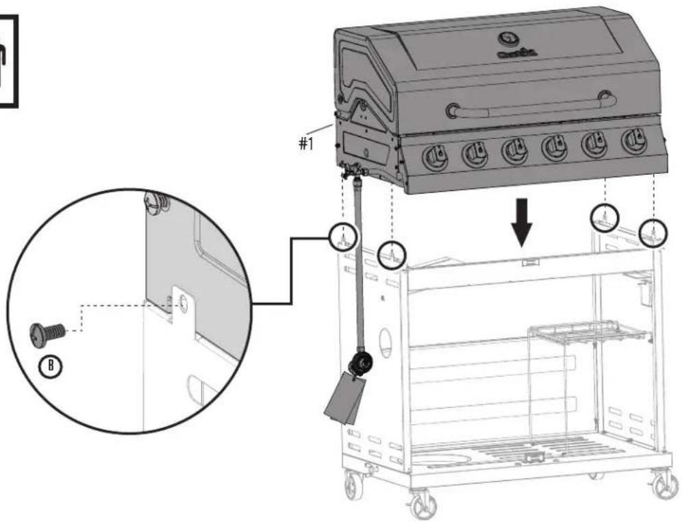 Technical diagram showing assembly of a portable gas stove with labeled components and a magnified detail view.