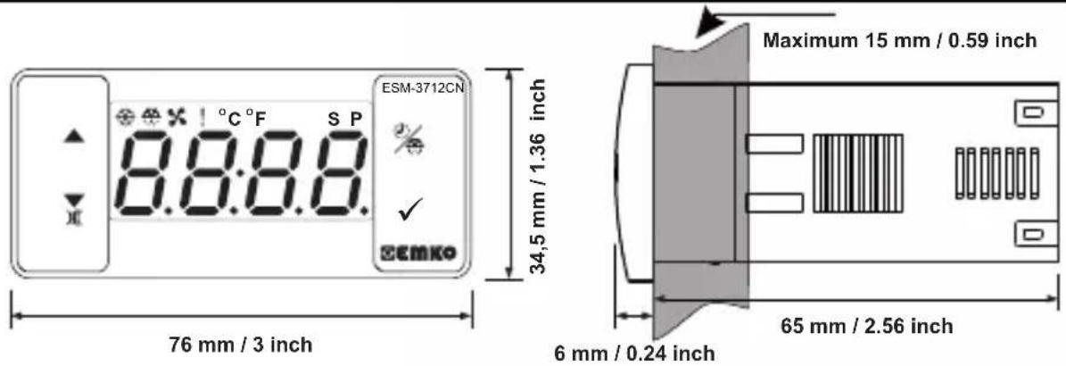 Emko ESM-3712-CN - Front View and Dimensions of ESM-3712-CN Cooling Controller - 1